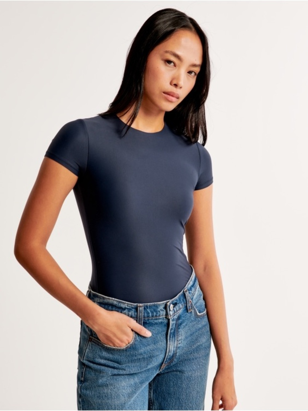 Soft Matte Seamless Fabric Tuckable Baby Tee Navy Blue Abercrombie